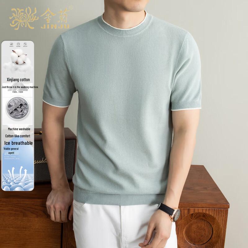 Jinjv Men's Summer Heavyweight Pure Cotton Crew Neck Knit T-Shirt