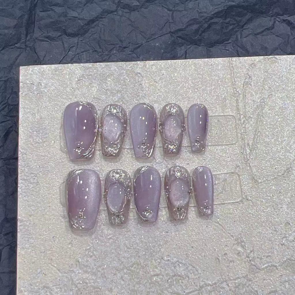 100 % HANDGEMACHTES künstliches Nagelset mit Kleber, Bachilati Magic Mirror, lila Katzenauge, kurzer Stil, blinkende Phototherapie-Nägel, wiederverwendbare und abnehmbare Nägel