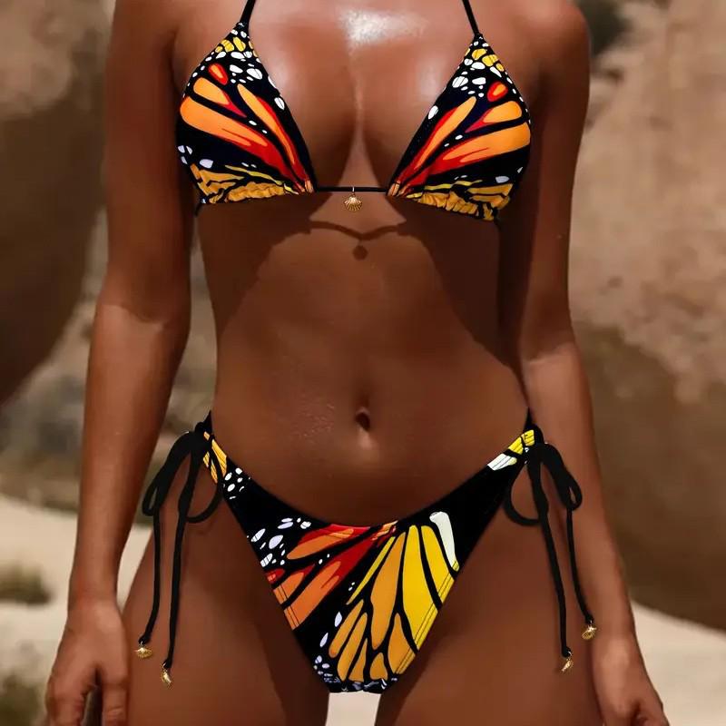 

Butterfly-Print Tie-Up Backless Bikini Swimsuit for Women Extra Large квітковий колір друку