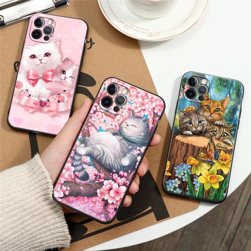 Apple Hülle für iPhone 11 12 13 mini Pro Max XS X XR 7 8 6 plus SE 2020 Weiche Silikonhüllen Cover Niedliche Cartoon Katze Blume Tier