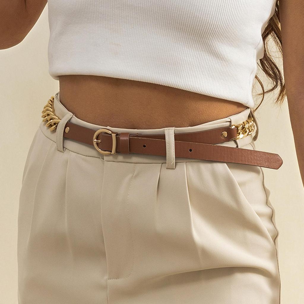 Fashion Women Waist Belt Metal Chain Dress Decorative PU Leather Waistbelt Pin Buckle for Unisex