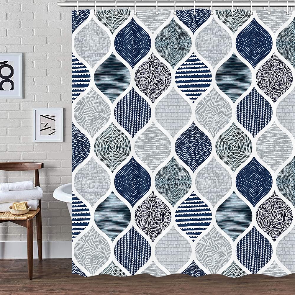 DYNH Boho Blue and Grey Shower Curtain for Bathroom, Dark Navy Blue Gray Geometric Stall Fabric Shower Curtains Set, Modern Fun Paisley White
