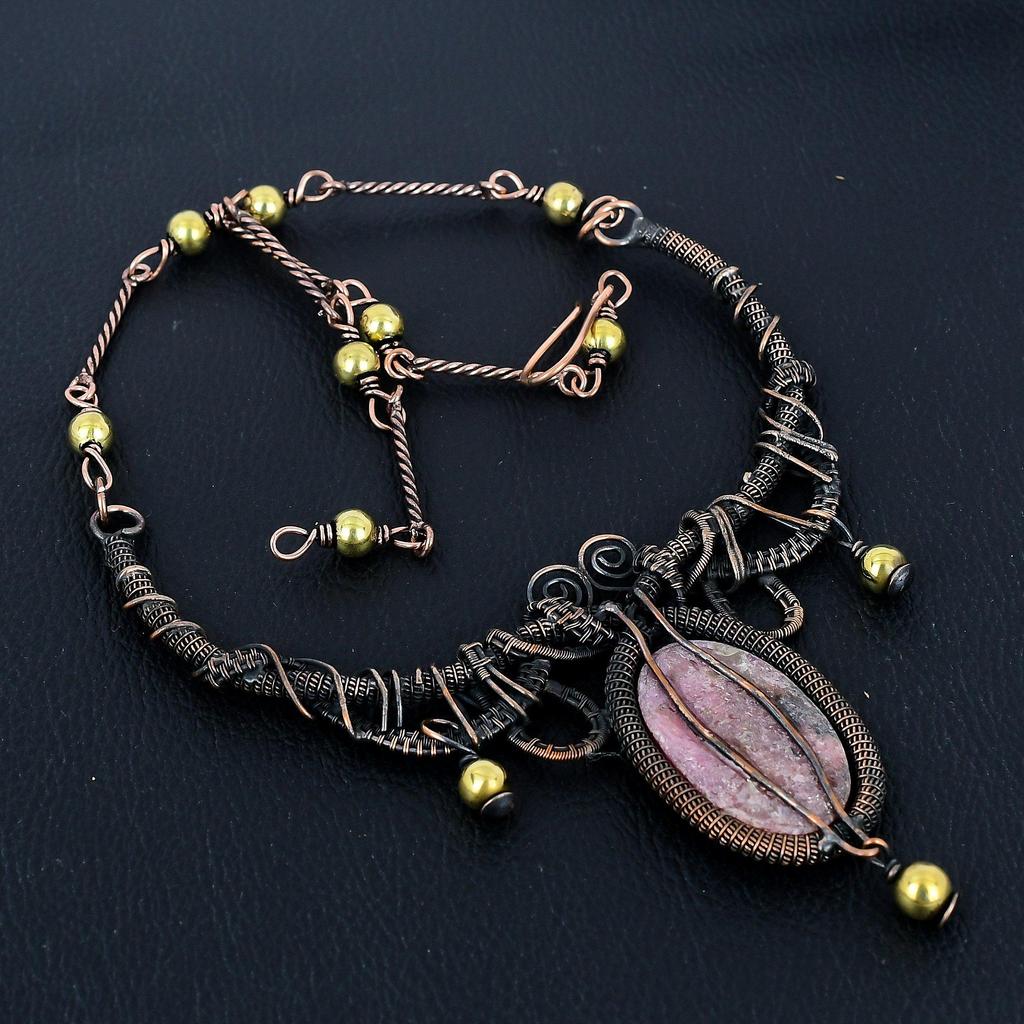 Rhodonite Necklace Gemstone Jewelry, 999 Copper Wire Wrapped Necklace, Adjustable Handmade Chain Necklace Gift For Wife Jewelry