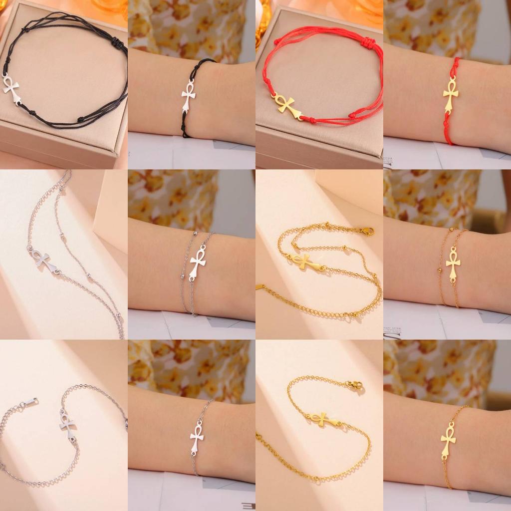 Vintage Pendant Charm Bracelet Amulet Talisman Ankh Cross Women Stainless Steel Egypt Egyptian Key Life Religious Jewelry Gift