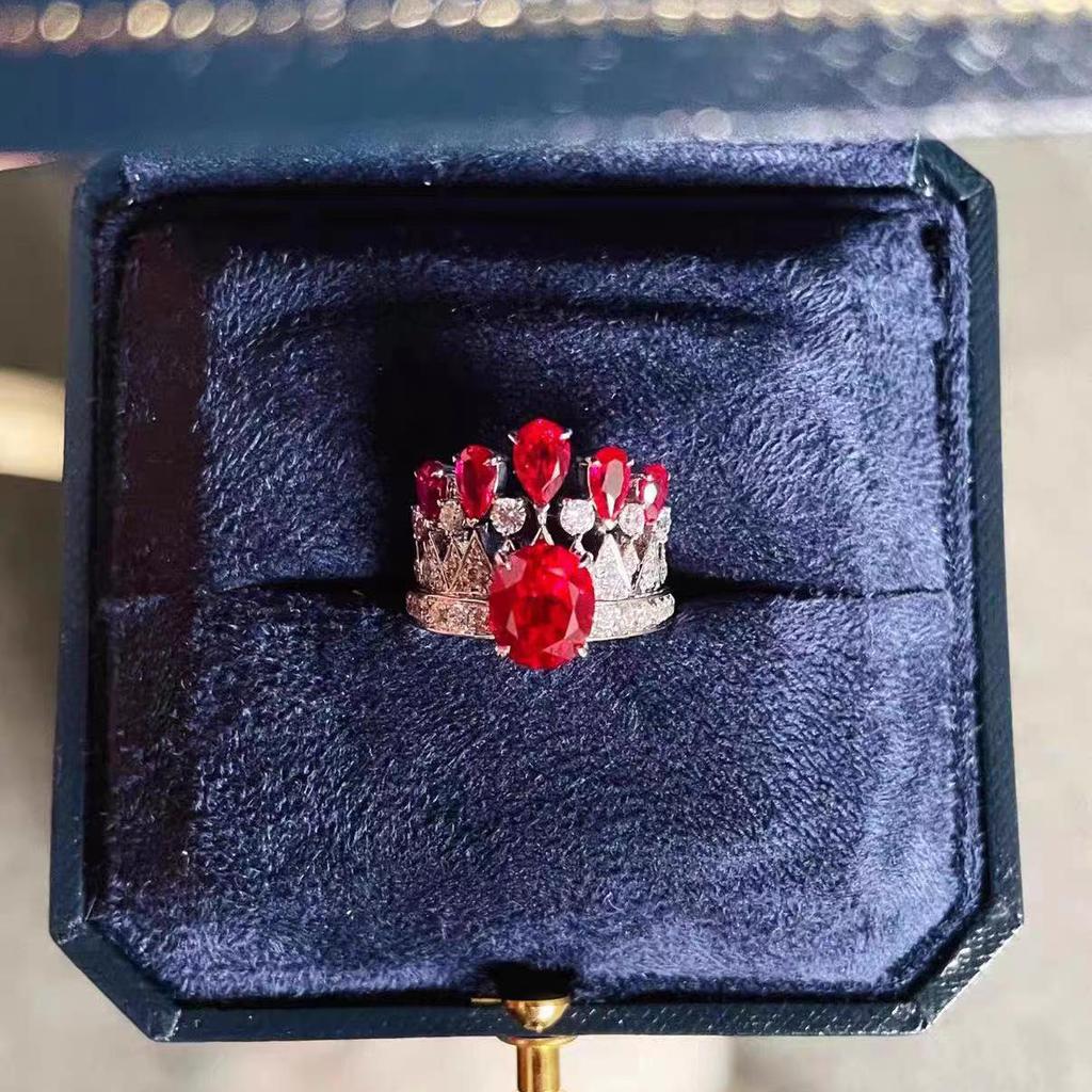Kajia Vintage Ruby Crown Ring & Pigeon Blood Red Dress Stud Earrings Set for Women
