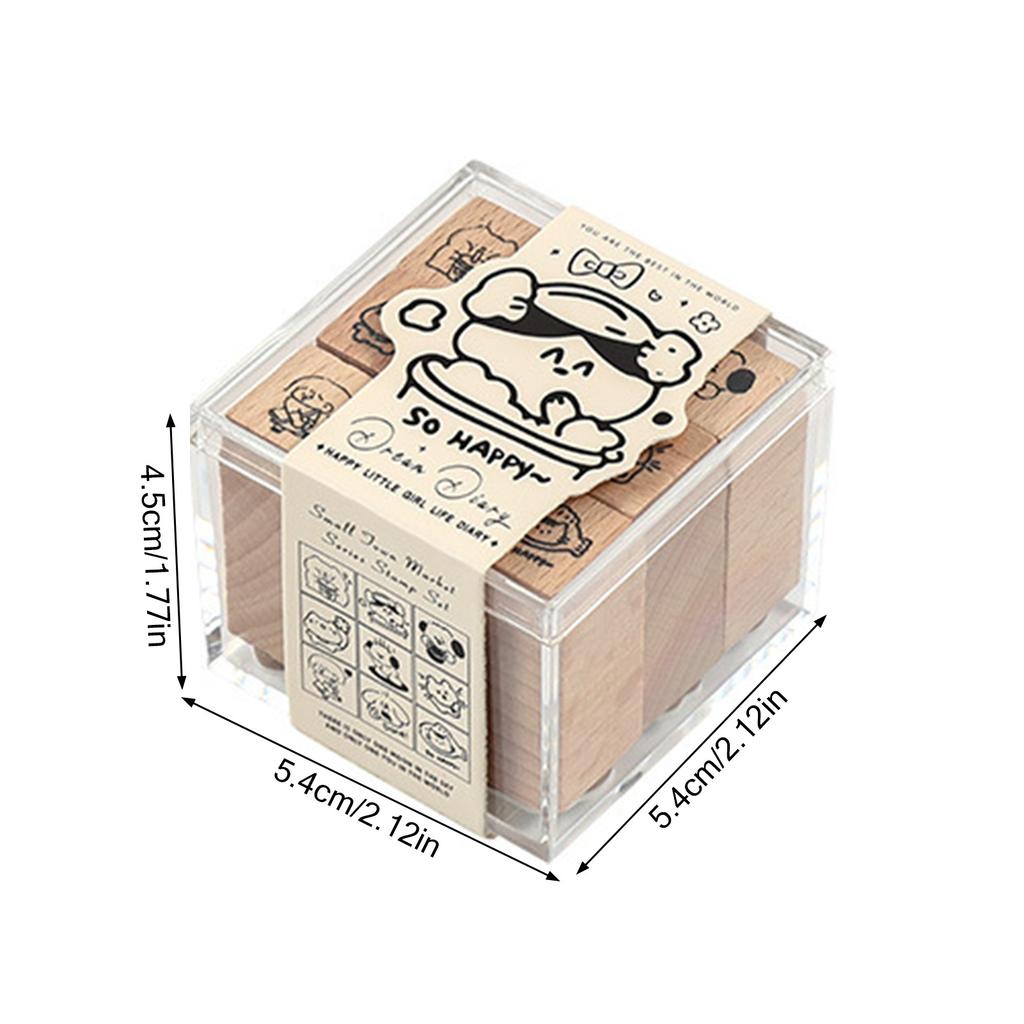 9pcs Vintage Wooden Rubber Stamps Clear Cartoon Patterns Beech Material for Paper Crafting Letters Diary Greeting Cards