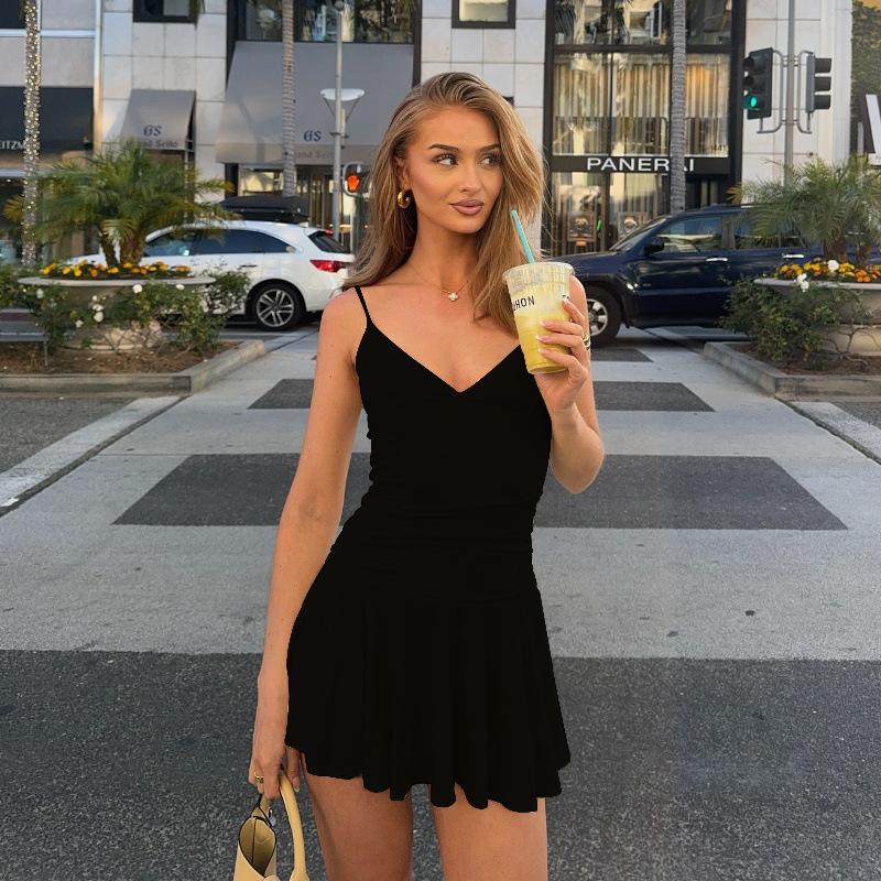 

European and American women s clothing summer new fashion temperament solid color sexy slim suspender dress short skirt women XL чорний