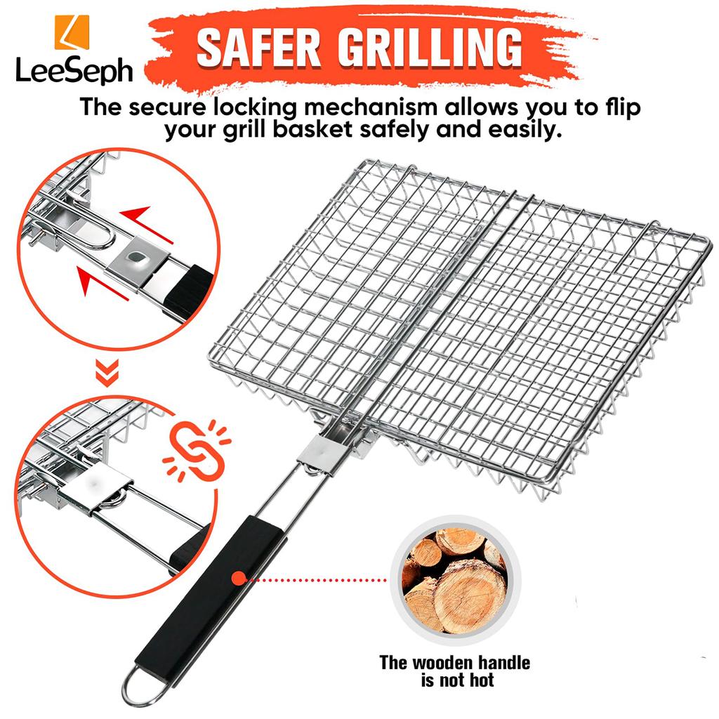 Grill Basket, Folding Carbon Steel Grill Outdoor BBQ Basket with Wood Handle, Outdoor Camping BBQ Rack for Fish, Vegetable