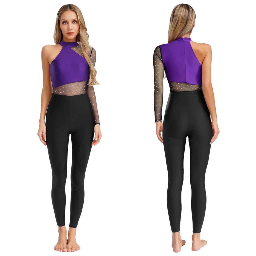 Ein-Schulter Tanz- und Bühnenbody für Damen S-XXL: Funkelndes Strass- und transparentes Netz-Langarm-Gymnastiktrikot