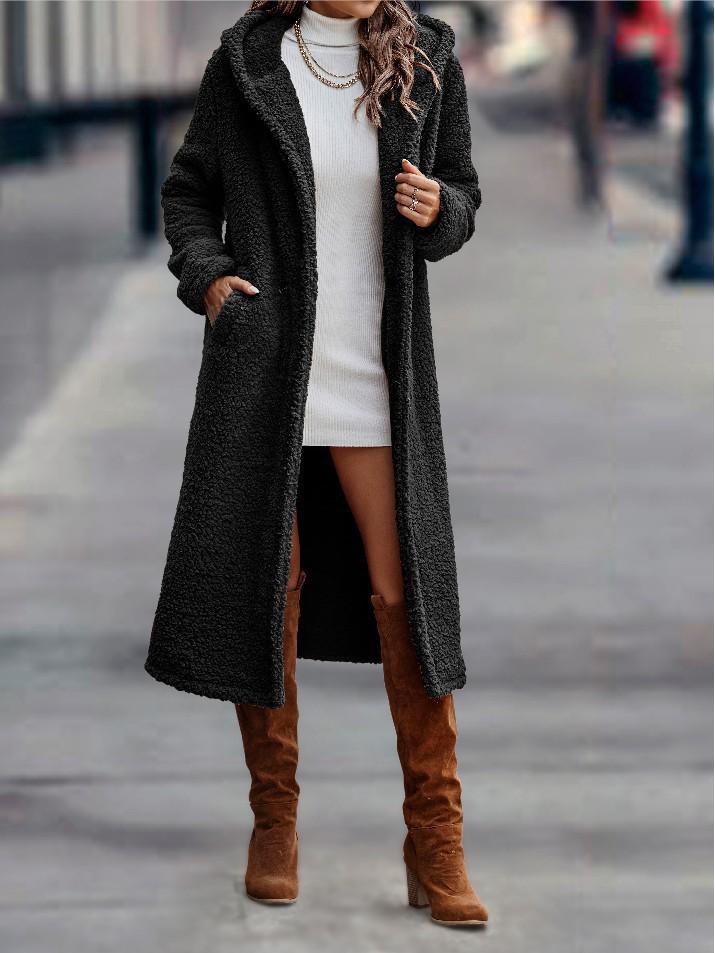 Women's Solid Color Plush Hooded Jacket - Autumn/Winter Long-Sleeve Windbreaker Coat