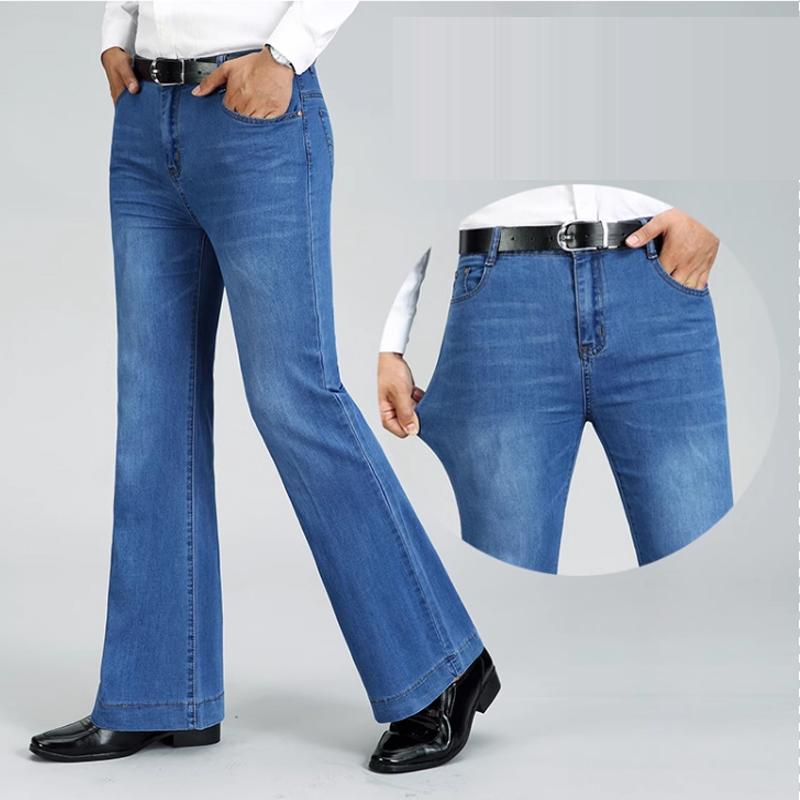 Men's Mid Waist Denim Flared Trousers Men's Stretch Loose Wide-Leg Jeans