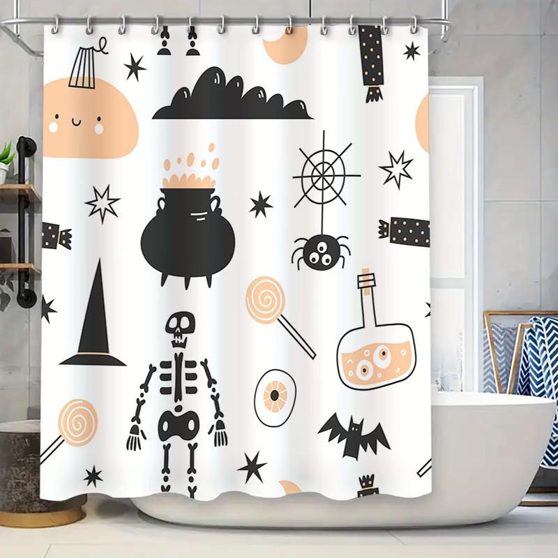 

Занавеска для душа в ванную на тему Хэллоуина с узорами черной ведьминской шляпы, бутылок с конфетами, летучих мышей-звезд, скелета, паутины фо 90x180cm