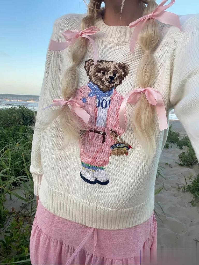 Little Bear Embroidered Cotton Knit Sweater - Women's Autumn/Winter 2025 Collection