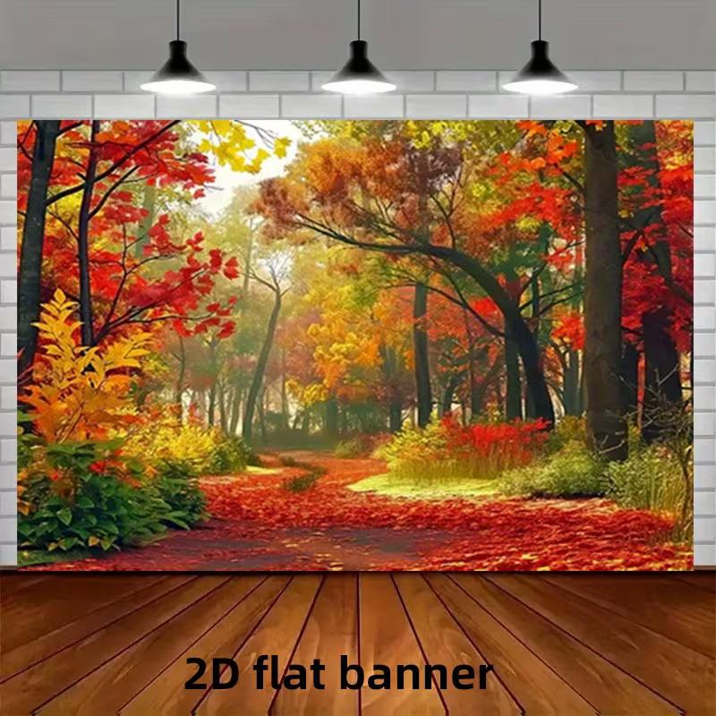 2D Nature Fall Tapestry, 2D Flat Printing Autumn Forest Path Covered in Red Leaves Background Cloth 47.2x31.5inch/120*80cm