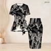 Women Plus Size Black Leaf Printed Round Neck Short Sleeve Tie Waist Top Fitted Skirt Two Piece Set