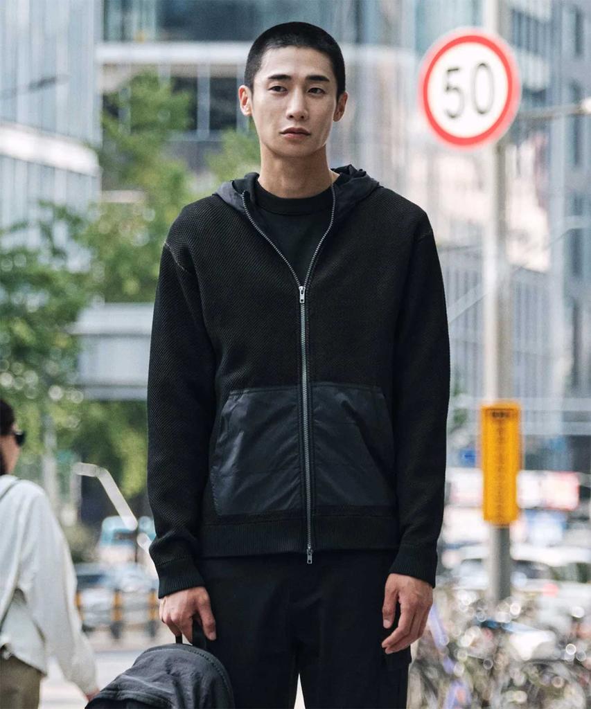Stco Nylon Contrast Zip-Up Hoodie Knit_Black (Semi-Oversized Fit)_Swiwa04Nsb