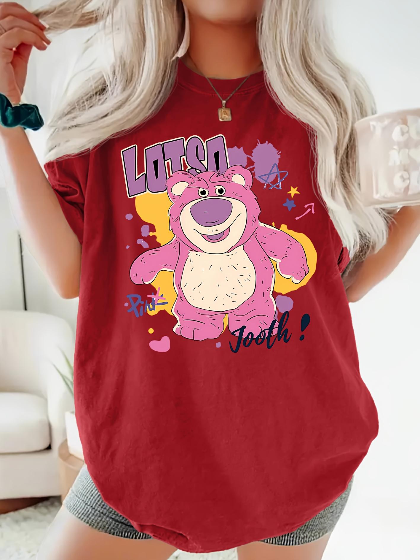 2026 New    Lotso Strawberry Bear Pattern Cute Pop WoUnisex TShirt Short Sleeve O Neck Casual Loose Large Size S