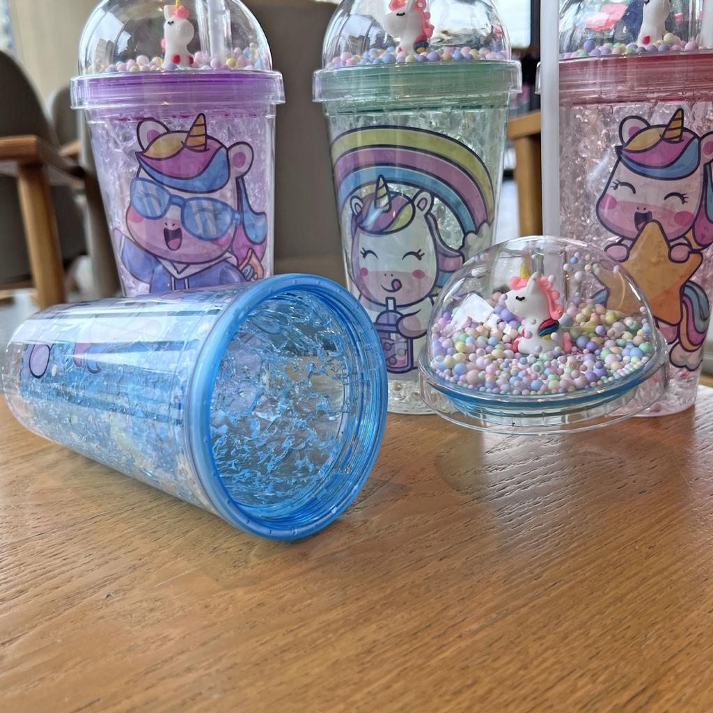 New High-value Unicorn Straw Cup,Portable Cartoon Plastic Water Cups, Double-layer Glitter Crushed Ice Cup, Holiday Gift Tea Cup