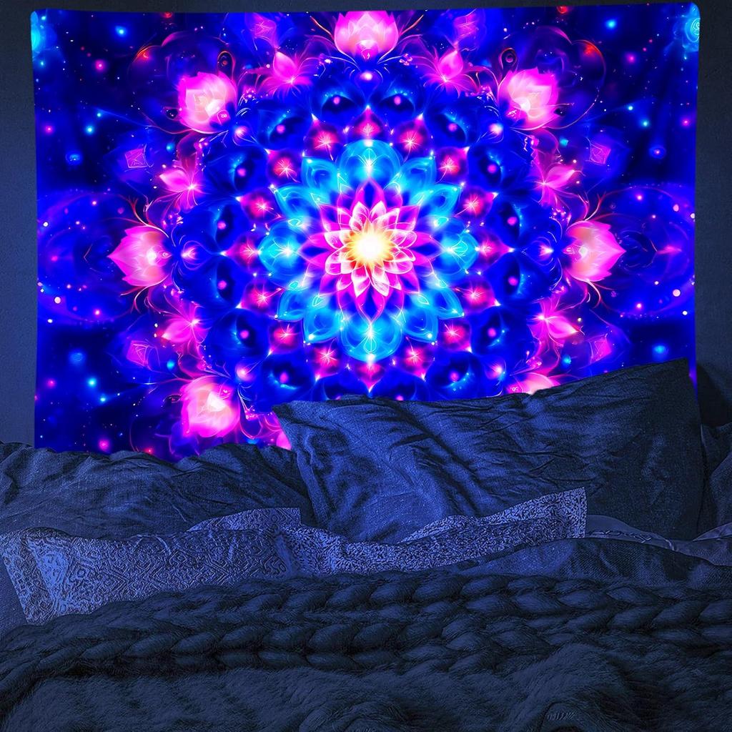 Blacklight Trippy Mandala Tapestry, Boho Black Light Posters for Adults UV Reactive Room Decor for Bedroom Wall