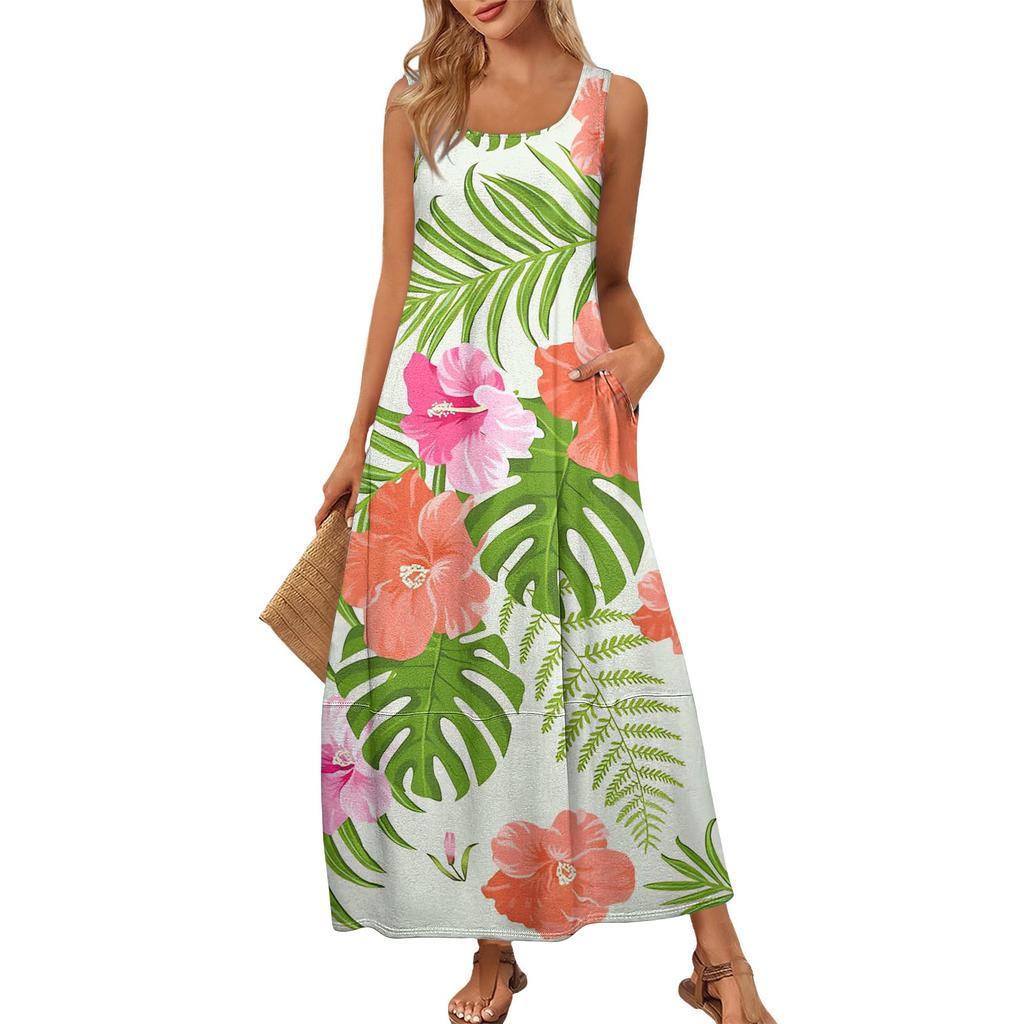 Damen Sommer Mode Rundhals Ärmellos Strandkleid Kleider mit Blumendruck