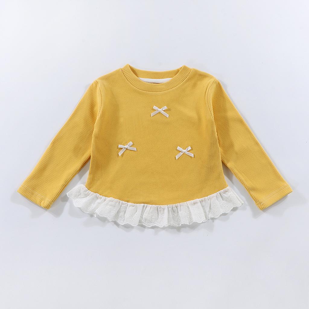Girls Spring Base Layer Versatile Long-Sleeve Lace Round-Neck Top with Bow Korean-Style Outerwear for Girls