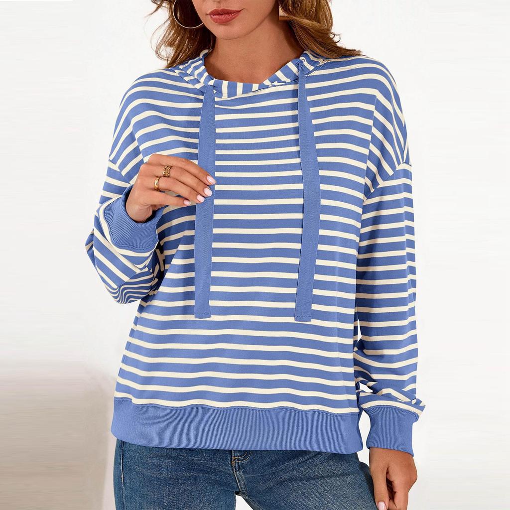 Damen Gestreiftes Kapuzen Sport Casual T-Shirt Sweatshirt