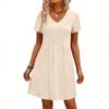 Women's Fashionable Color V-neck Short Sleeved Loose Casual Beach Vacation Dress