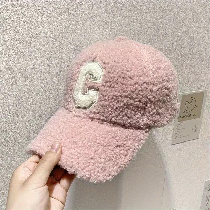 Lamb Wool Solid Color Duckbill Cap C Letter Embroidery Baseball Cap Woman Winter Travel Outdoor Warm and Thickened Casquette
