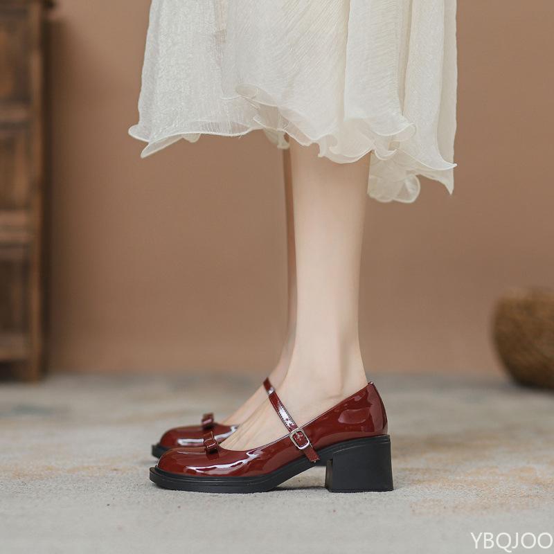 French Wedding Shoes Women's Wine Red New Style Thick Soled High Heels Casual Versatile Women's Single Shoes Round Toe Platform