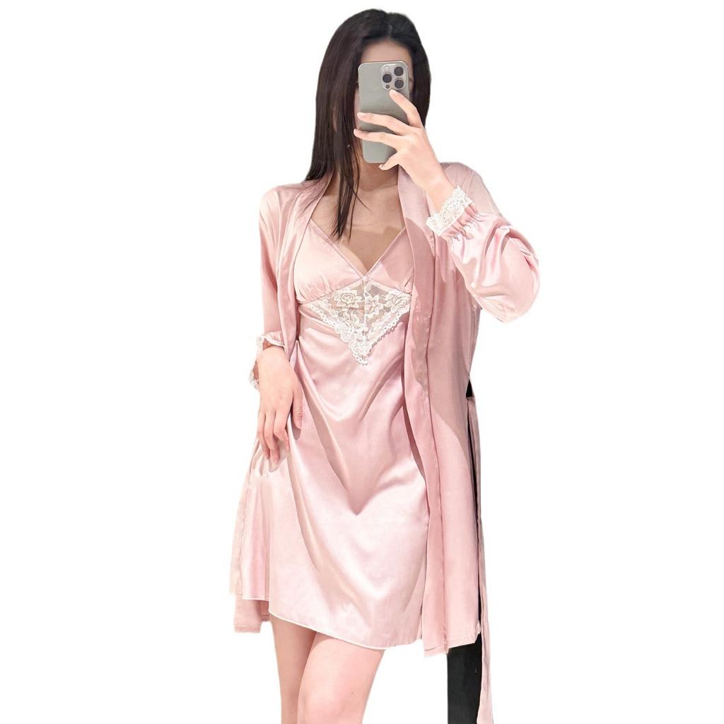 Spring/Summer Sexy Strap Nightdress Two-piece Set with Bra Pads, Private Pure and Alluring Style Women's Loungewear Ice Silk Nightwear