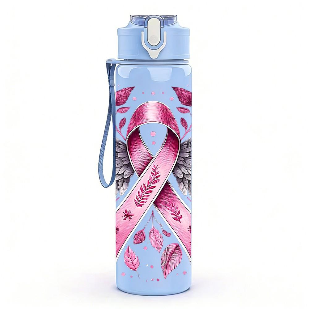 1PC Pink Ribbon Angel Breast Cancer Art 750ml Color Plastic Sports Water Bottle Leakproof Flip Straw Lid Suitable for Sports Office Home Use