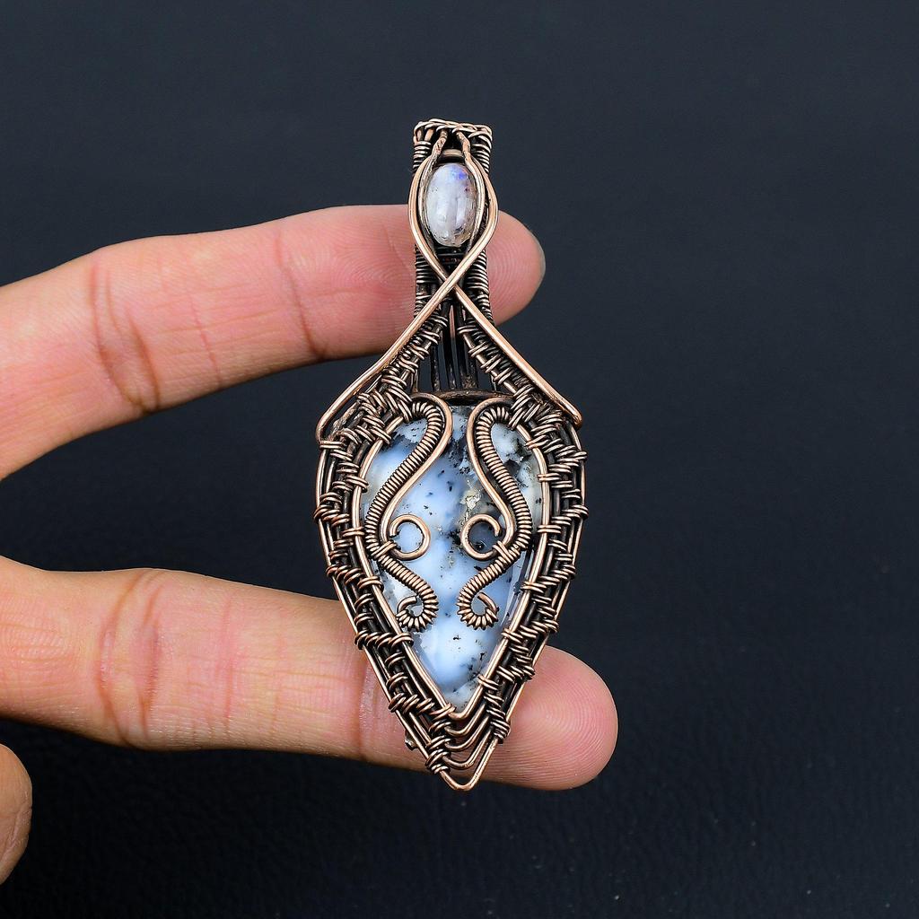 Dendrite Opal, Moonstone Gemstone Pure Copper Wire Wrapped Designer Handmade Pendant Jewelry For Her