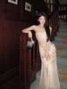 Mesh splicing square neck tie-dye suspender slim-fitting dress for women's Xia Yujie style temperament waist-wrapped buttocks fishtail dress