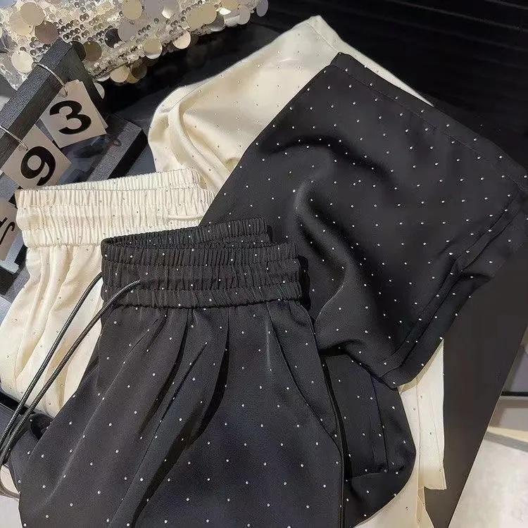 Women's High Waist Wide Leg Pants Loose Straight Trousers Satin Rhinestone Dot Print Elastic Drawstring Waist Drapy Floor Length Casual Summer Pants