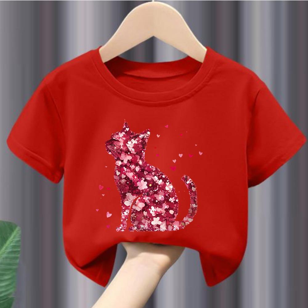 

Girls Short-Sleeved T-Shirt Summer Pink Cat Design Children s Wear Half-Sleeved Top for Kids Summer Fashion Fashion summer pol 100