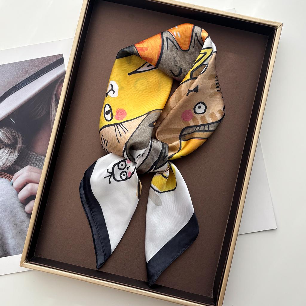 Luxury Square Scarf For Women Elegant Ladies Hijab Soft Stain Neckerchief Bandanas Cartoon Cat Print Faux Silk Scarves Shawl