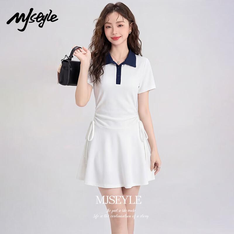 

MJ STYLE Polo Collar Waist-Cinching Pleated Long Dress L