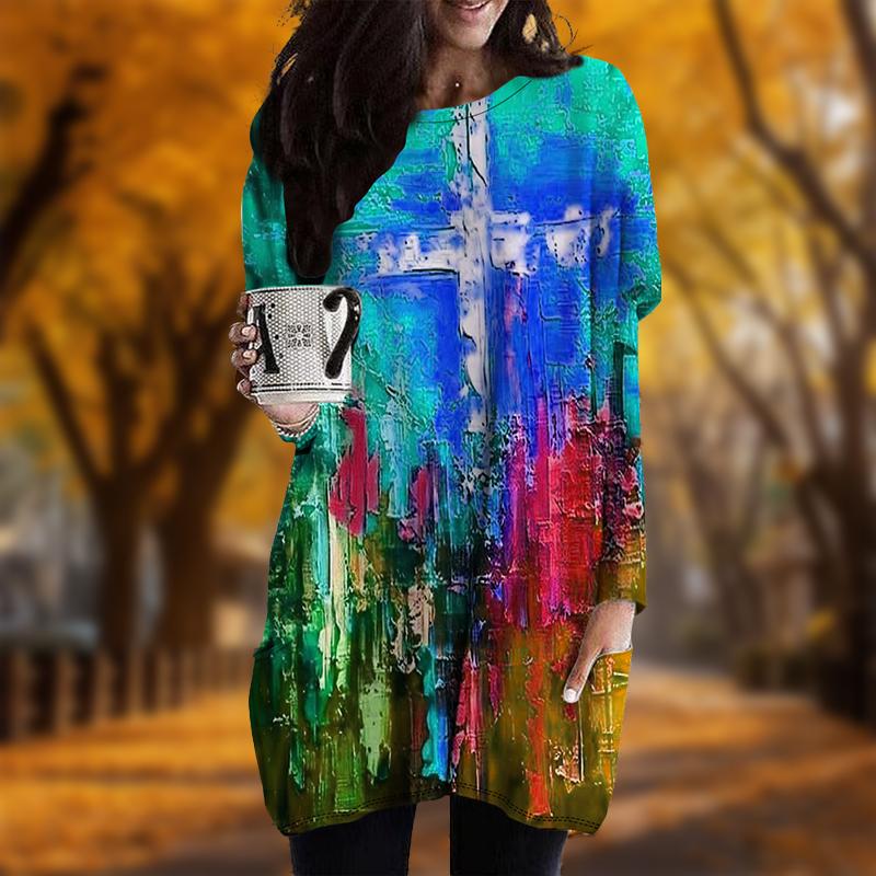 

Новинка осени Цветной крест принт плюс размер платье женщины O neck Длинные рукава повседневные карманные платья XL синий