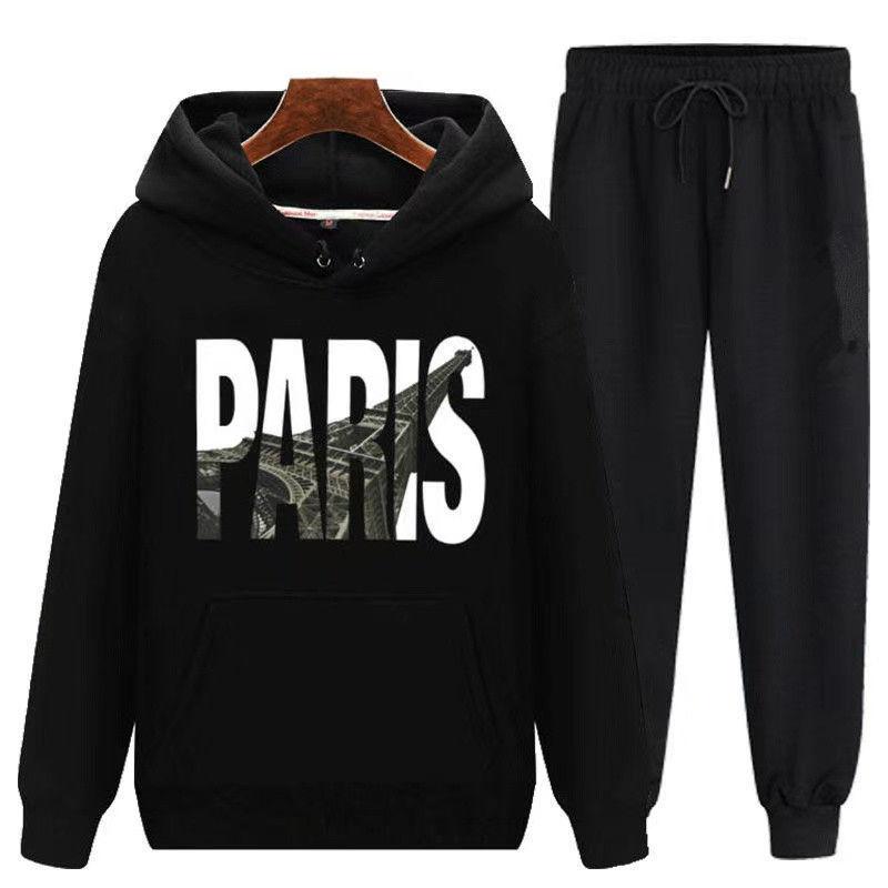 

Весна и осень мужской свитер с капюшоном костюм кампус одежда свитер и брюки повседневный свободный спортивный костюм S чёрный