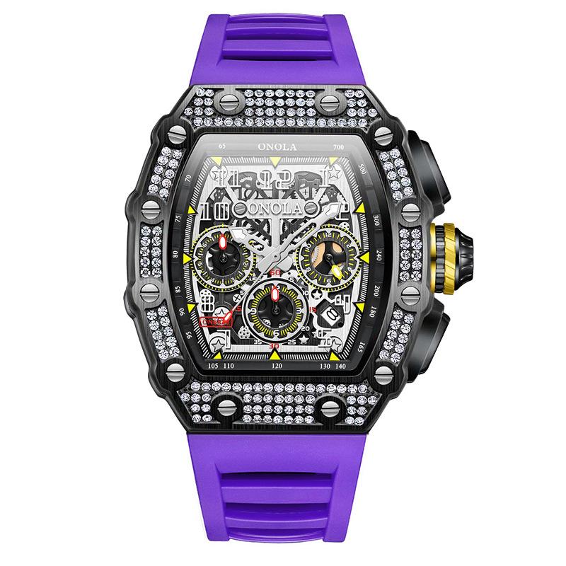 New Fashion Full Diamond Top Brand Multi-function Waterproof Quartz Men's Watch Silicone Band Sports Watch