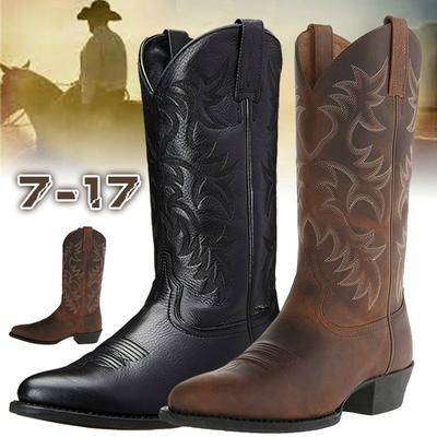 2020 Mode Herren Retro Distressed Westernstiefel Leder Cowboystiefel Stickerei Hohe Stiefel Blockabsatz Spitzschuh Ritterstiefel Botas Masculinas