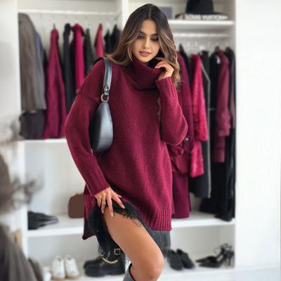 Damen Pullover Rippstrickbesatz Strickoberteile Uni Stehkragen Langarm Farbe Lockerer Schnitt Winterpullover
