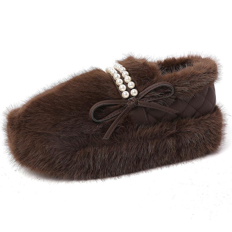 Design sense pearl bow fluffy shoes women's autumn and winter French retro thick-soled one-pedal temperament European cotton shoes
