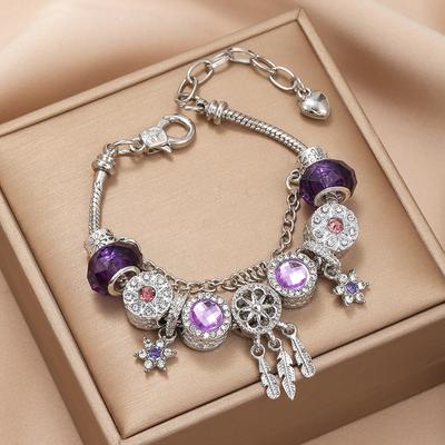 Bracciale con ciondolo color argento SS925 con perline di cristallo viola e ciondolo acchiappasogni per regali da donna
