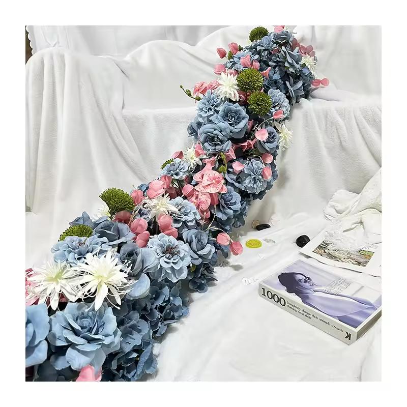 

Uflower 200cm Atficial Blue Gray Flower Row Runner Elegant Artificial Center Stage Background for Wedding Party Home Decoration 50x30cm