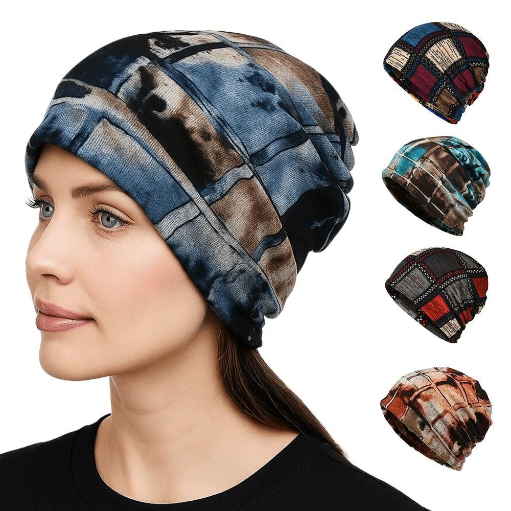 Contrasting Colors Pullover Hat Multifunctional Plaid Print Casual Hedging Cap Scarf Pullover Hat Turban Hats Autumn and Winter