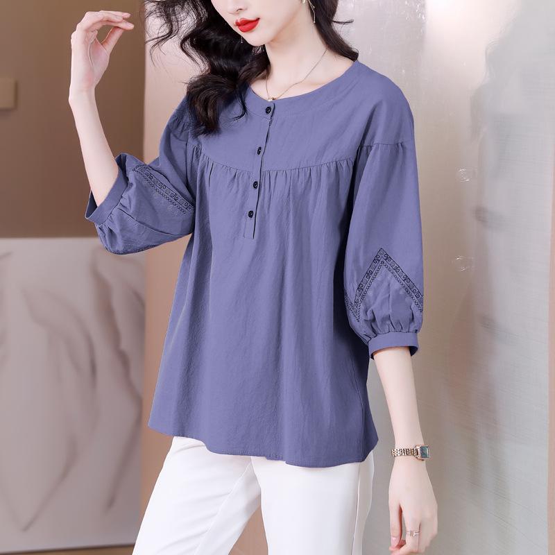 Summer New Five-point Short-sleeved Shirt Loose Embroidery and Thin Middle-aged Mother Casual Pullover Shirt