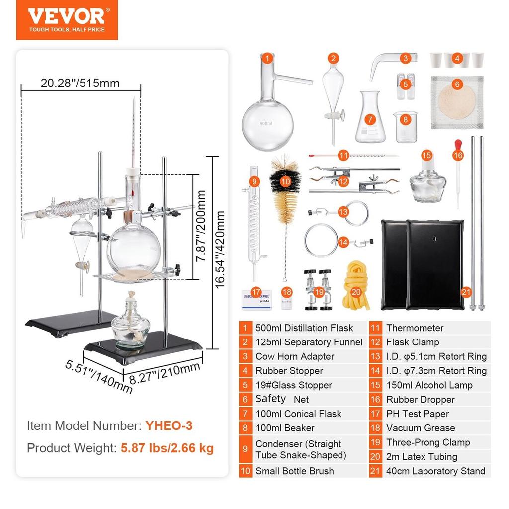 Essential Oil Distillation Kit, 500ml Distillation Apparatus, 3.3 Boro Lab Glassware Distillation Kit with Alcohol Lamp, Ceramic Mesh and 24, 40