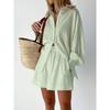 Fall Womens Printed Cotton Blouse And Shorts Set With Pockets For Casual Office Wear