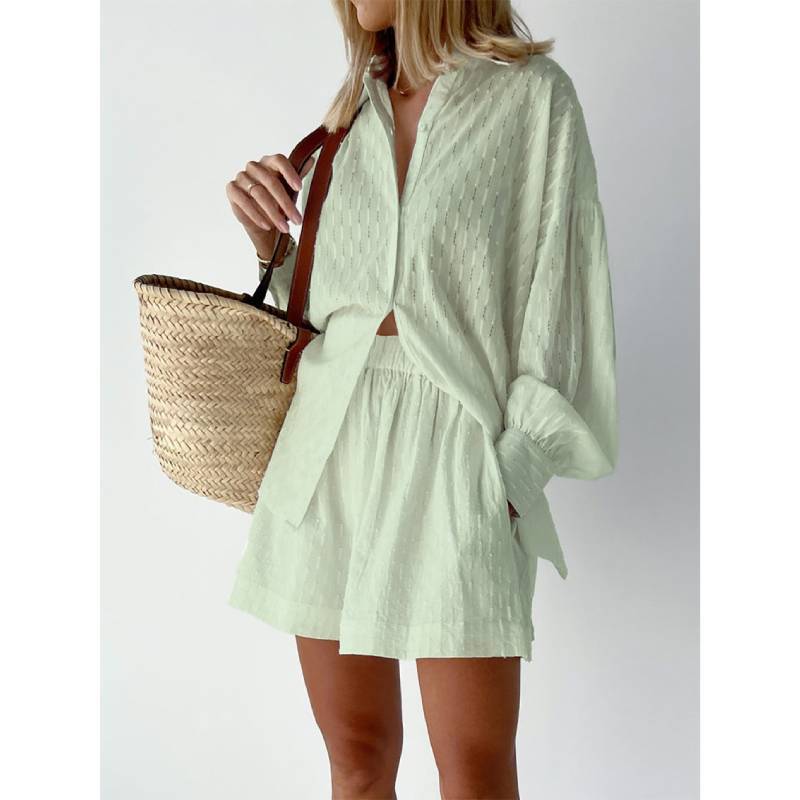 Fall Womens Printed Cotton Blouse And Shorts Set With Pockets For Casual Office Wear